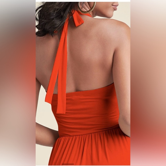 VENUS Bright Tangerine-Colored Halter Maxi Dress w Pockets Ties at Neck Backless - Picture 2 of 14